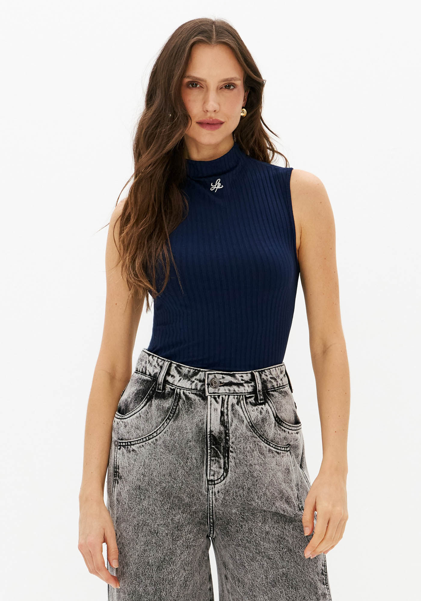 Blusa Canelada Sem Mangas Com Gola