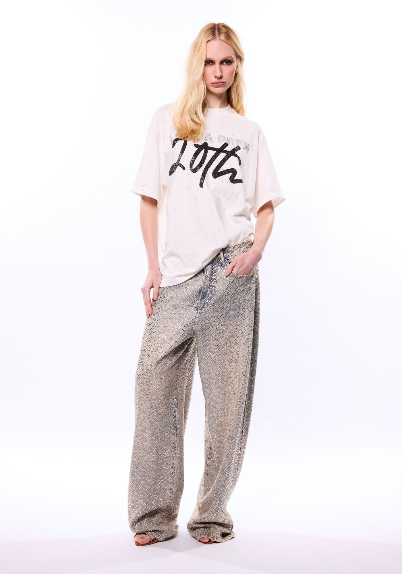 Calça Jeans Super Baggy Cintura Média Com Brilho