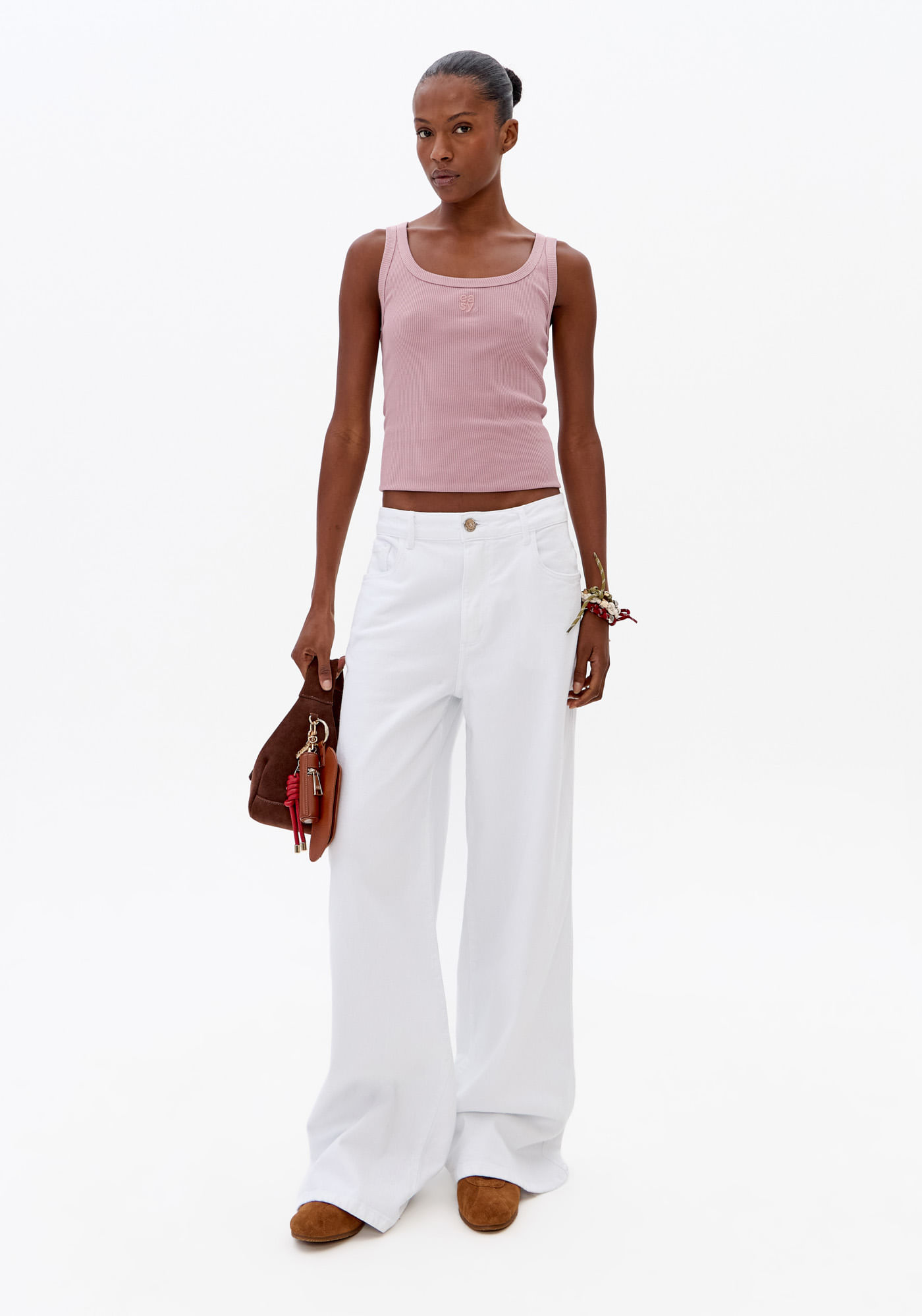 Calça Sarja Wide Leg Cintura Média