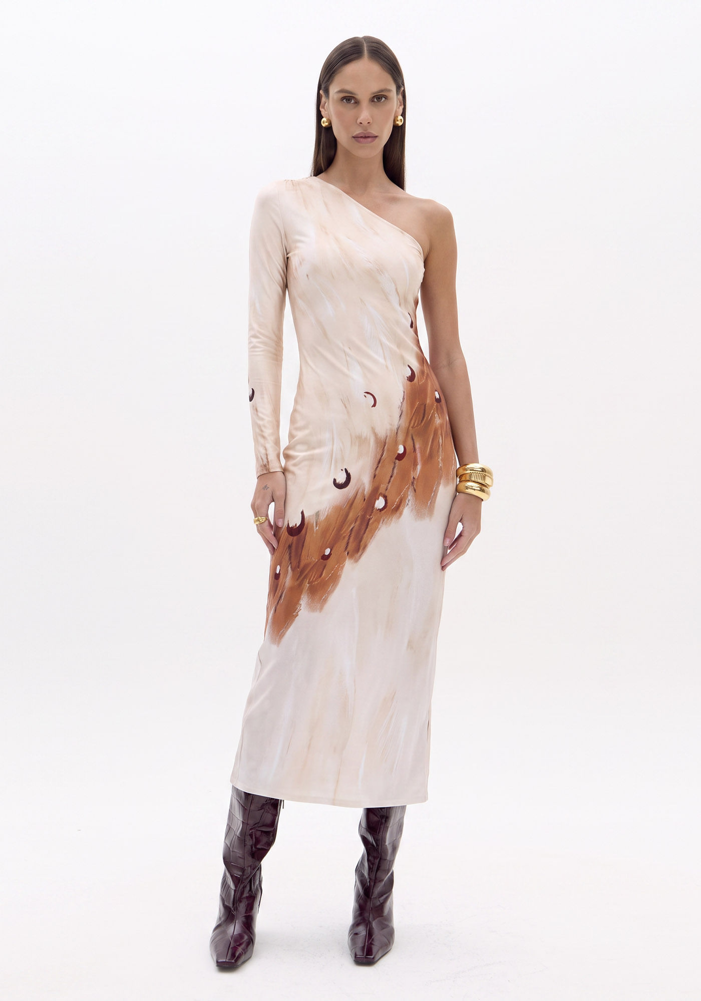 Vestido Super Midi Estampado Ombro Único