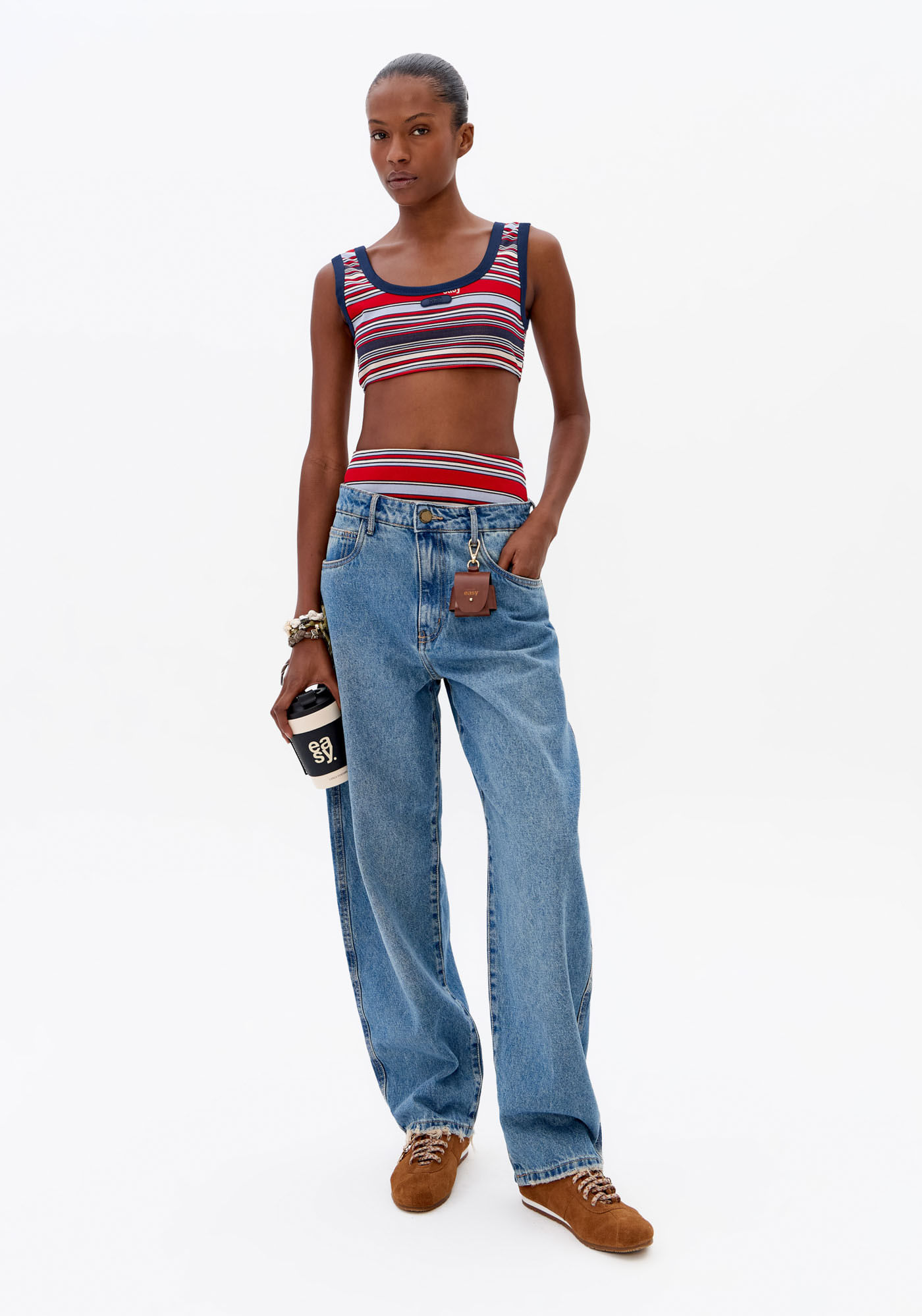 Calça Jeans Barrel Cintura Média Com Chaveiro