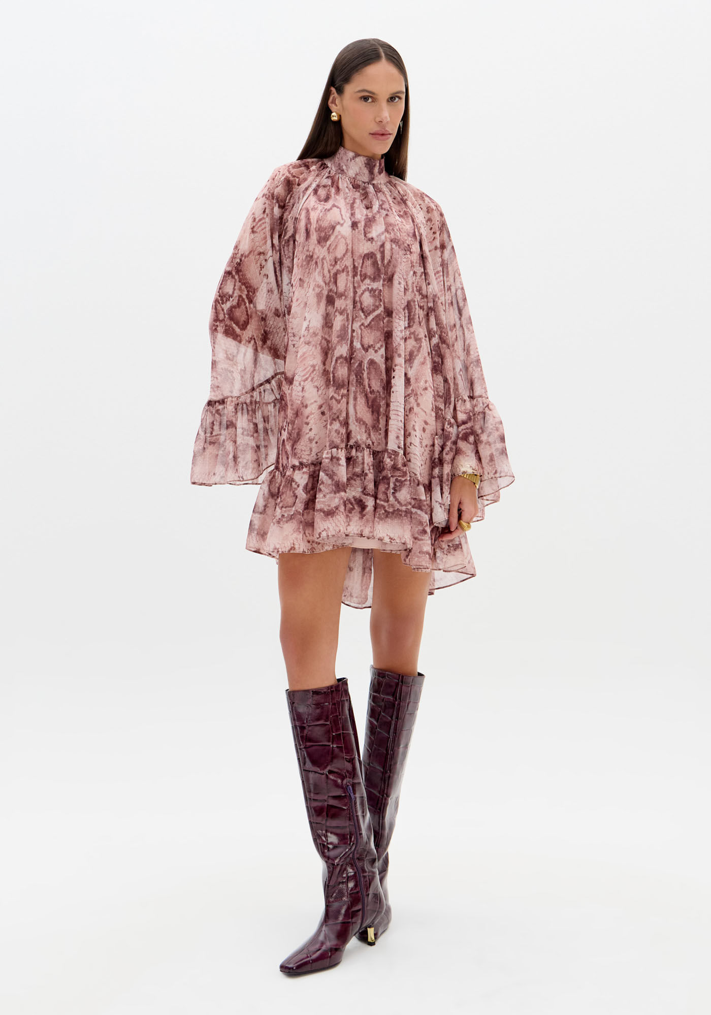 Vestido Curto Manga Longa Estampado