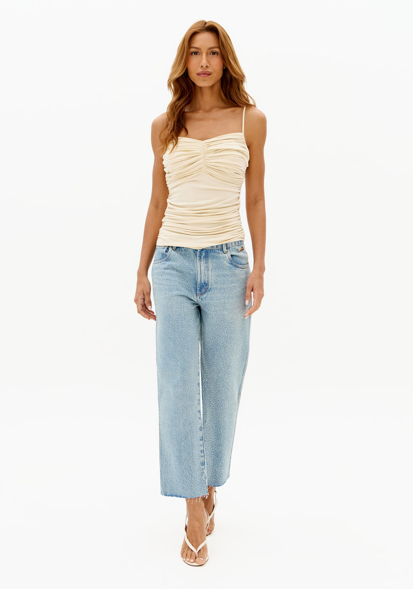 Calça Jeans Reta Cropped Cintura Média