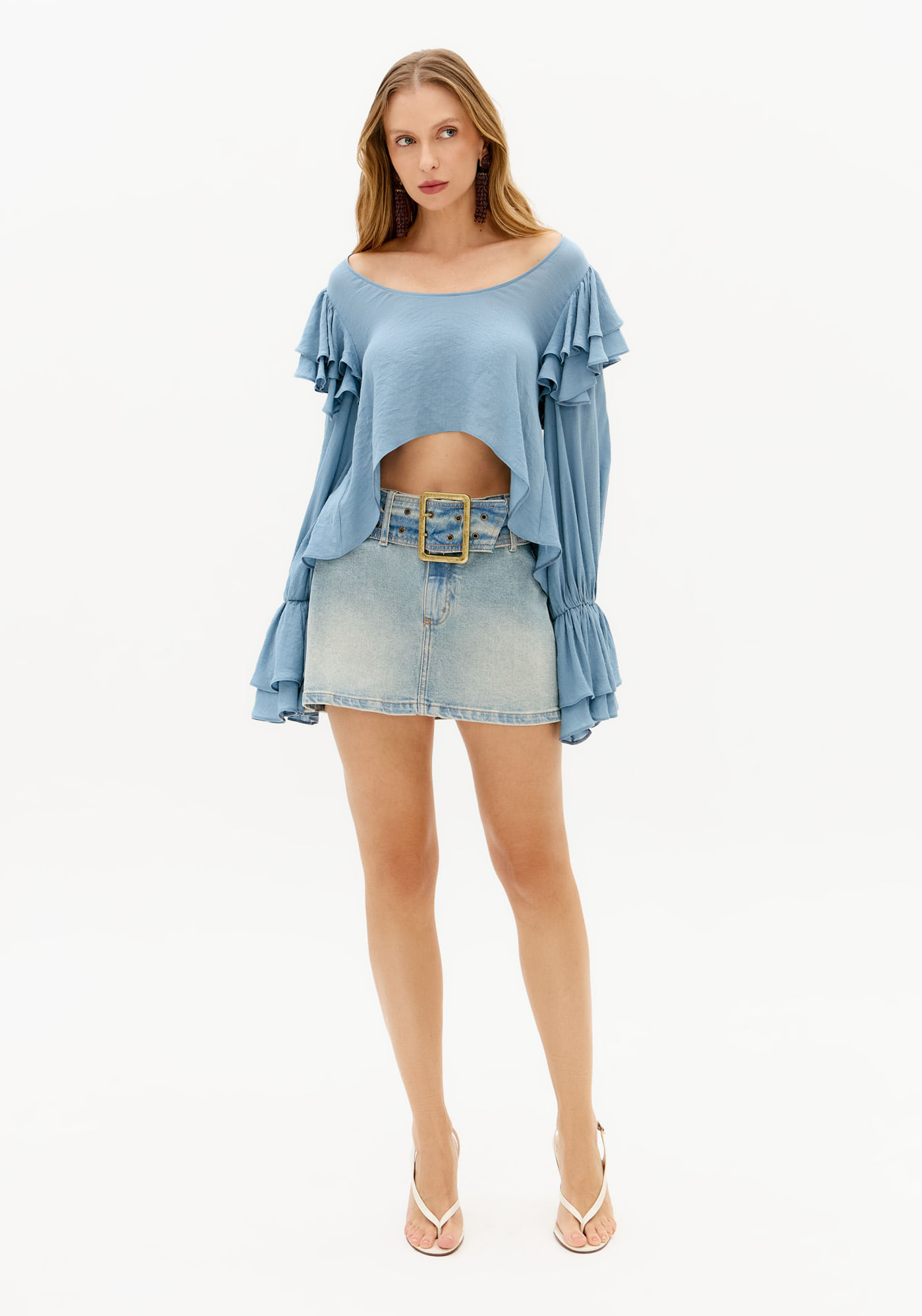 Saia Jeans Mini Cintura Baixa Com Cinto