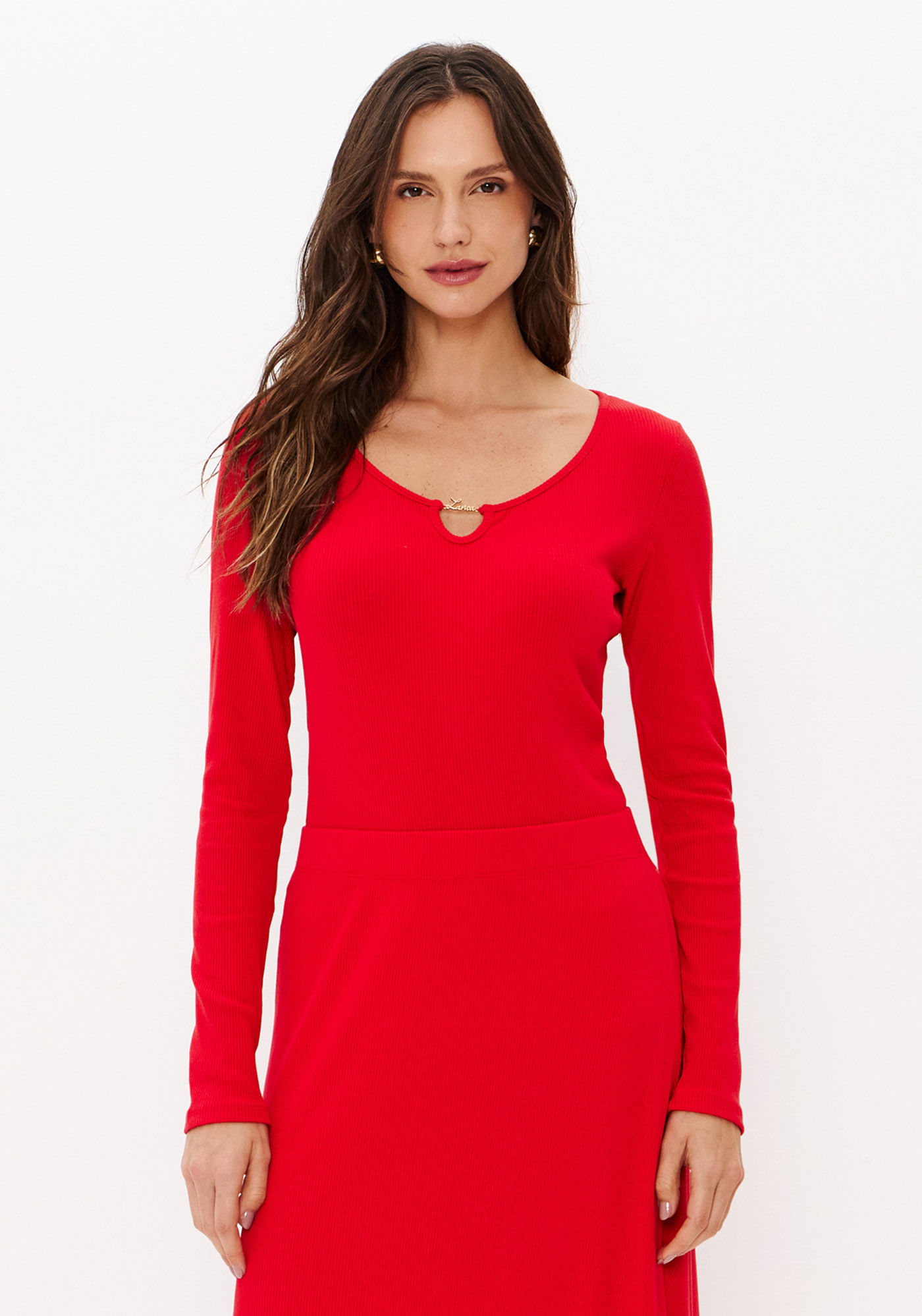 Blusa Canelada Manga Longa Com Decote