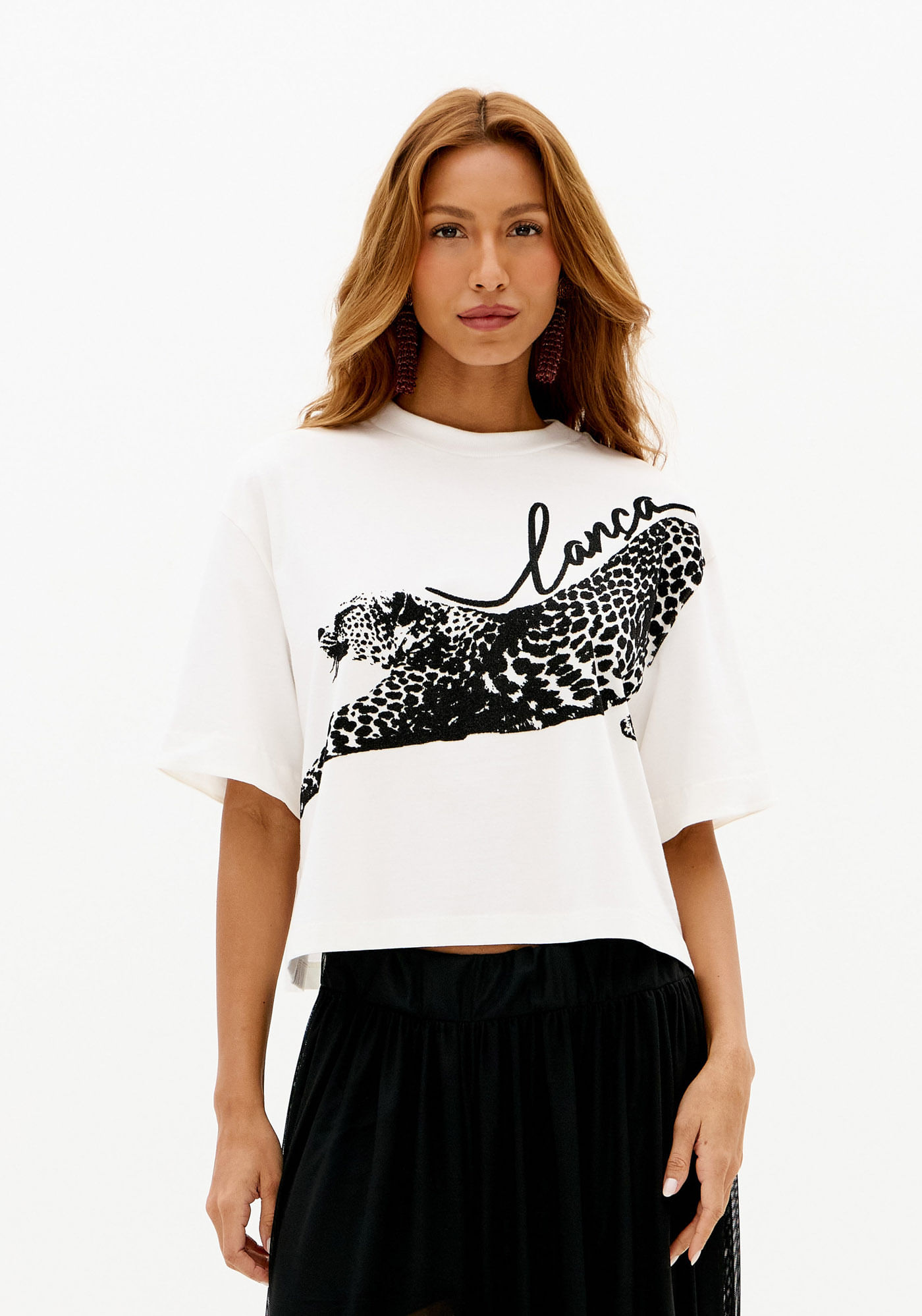 T-Shirt Cropped Oversized Estampada Com Termo