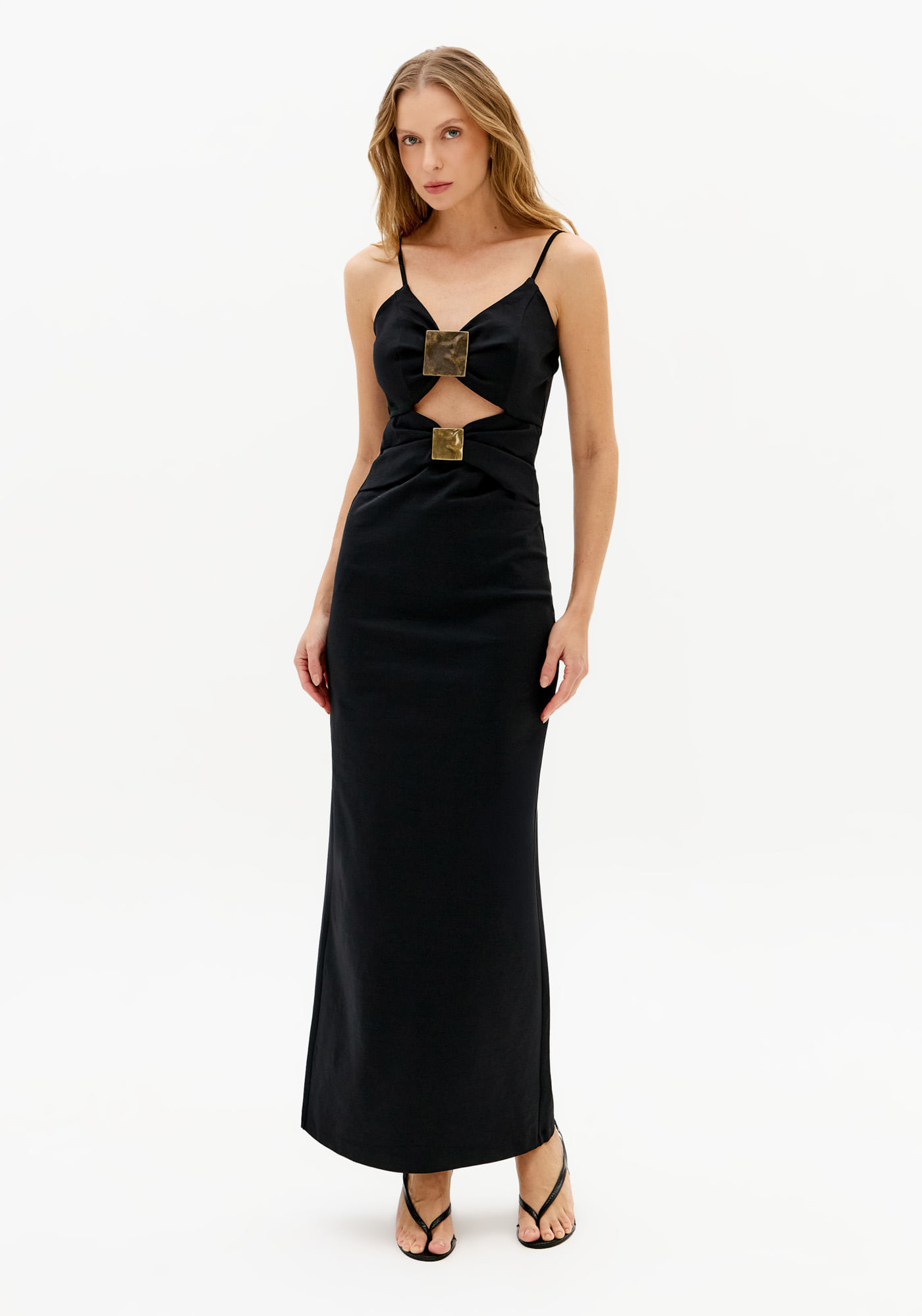 Vestido Super Midi De Alça Com Metal