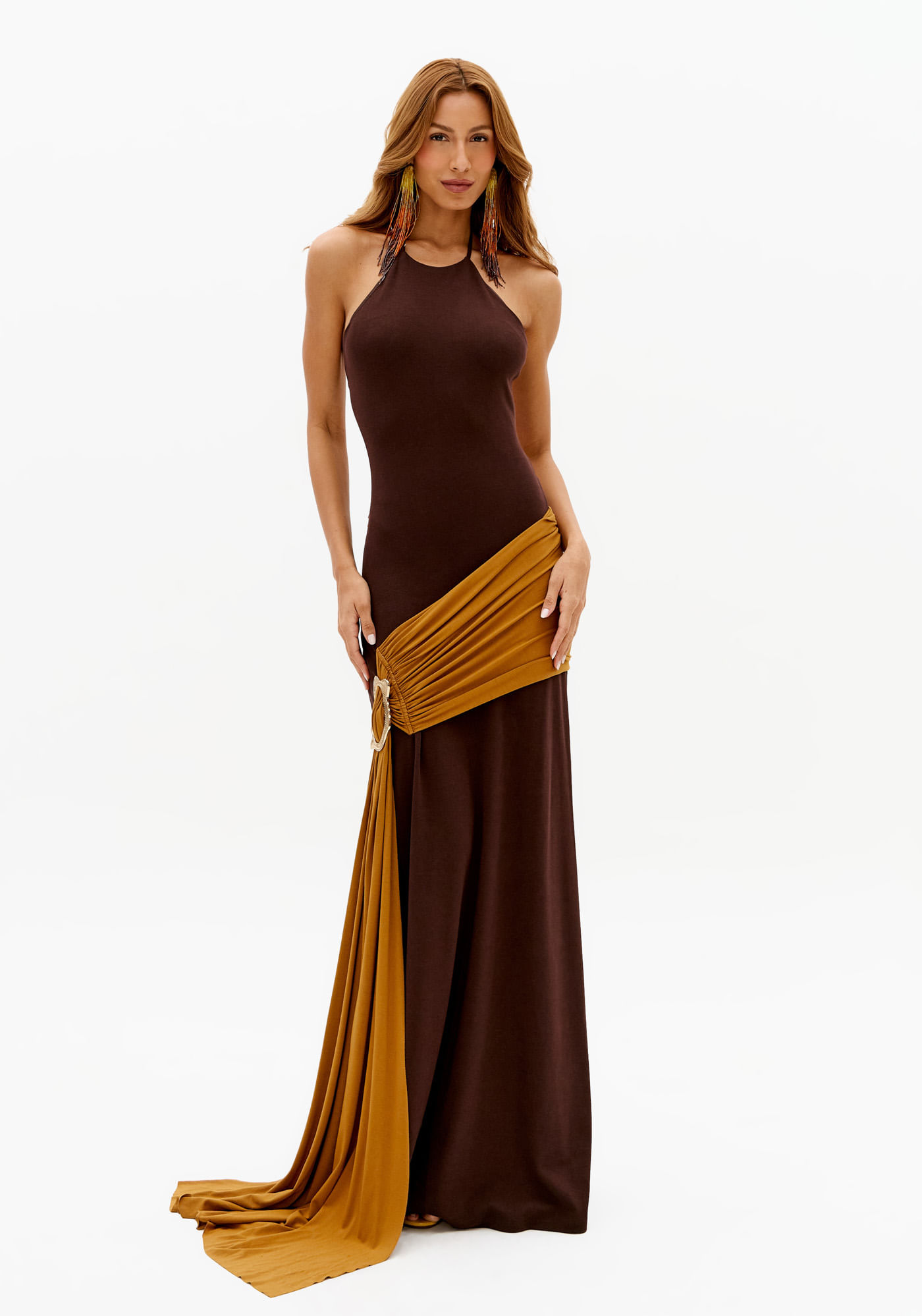 Vestido Longo Frente Única Com Sobreposição