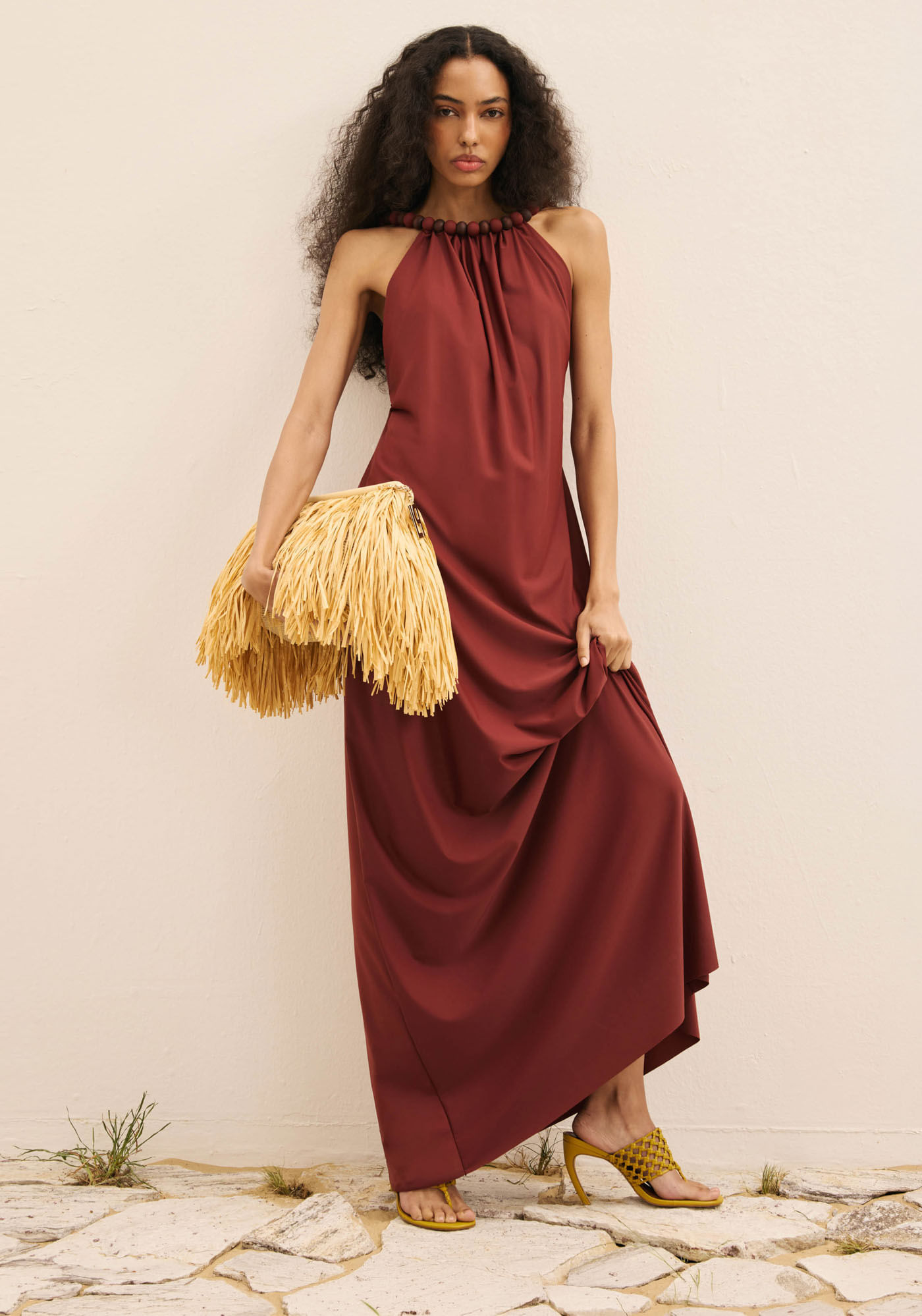 Vestido Longo Em Malha Jersey Com Detalhes Alça