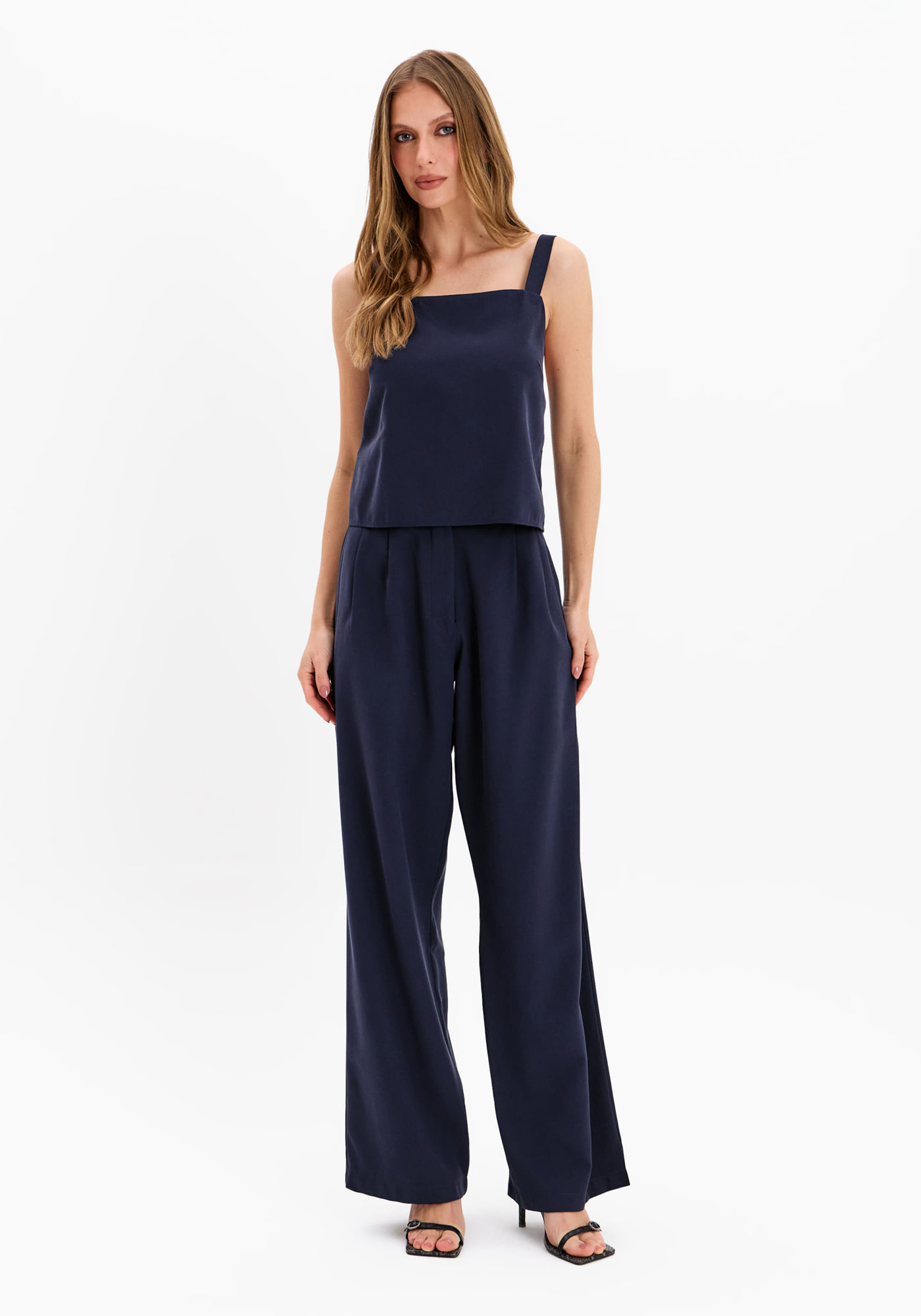Calça Wide Leg Cintura Alta Com Pregas